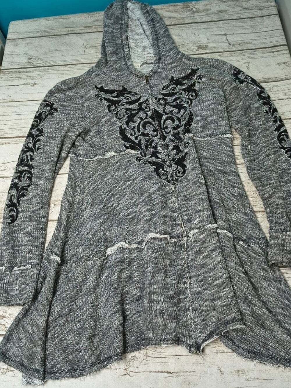 Vocal Rhinestone Scroll Raw Edge Full Zip Hooded Tunic Jacket Sweater Gray XL